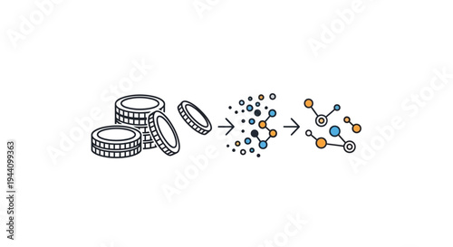 Coins transforming into molecular structure.