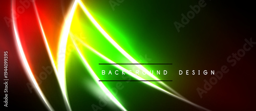 Vibrant neon lines intersect over dark background. Green, red, yellow hues create dynamic visual effect. Modern abstract design.