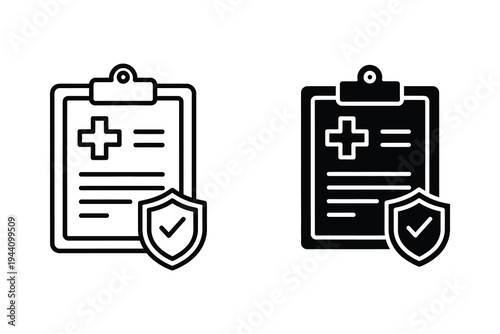 Medical Health Insurance Clipboard Icon Set with Shield