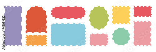 Set of frames with squiggly of wavy edges. Stamps with rectangle and circle shapes. Vector illustration.