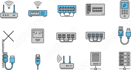 Computer Network Hardware Icons Vector Set Featuring Router, Switch, Ethernet Cable, Server Rack, Modem and Wireless Connectivity Technology Symbols.