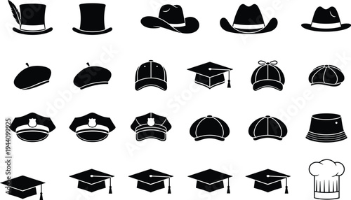 Black Flat Vector Icon Set of Various Hats and Headwear Including Cowboy Hats, Graduation Caps, Berets, Police Visors, Top Hats, and Chef Toque Isolated on White