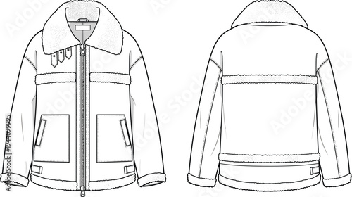 Women shearling aviator jacket technical flat sketch, oversized faux leather bomber coat, cad drawing flat vector illustration for fashion design