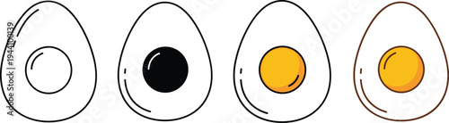 Set of boiled egg icons in various styles, including outline, silhouette, and colored versions, for breakfast food menu, cooking, and nutrition