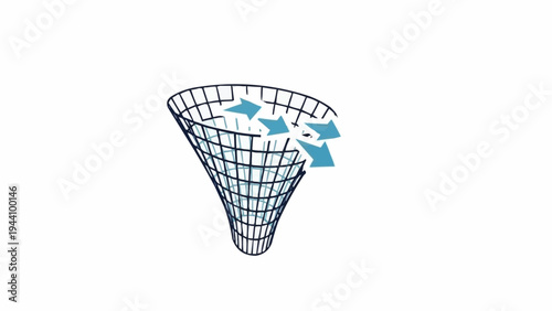 Wire mesh funnel with arrows.