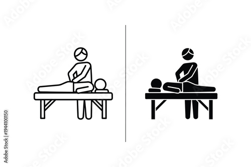 Massage therapy icons, depicting a masseur treating a client on a table for relaxation.