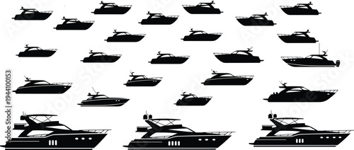 Black Silhouette Set of Modern Luxury Yachts Motorboats and Speedboats Vector Icons Isolated on White Background for Nautical Design Marine Travel and Maritime Industry