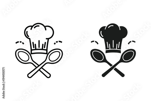 Chef hat and crossed spoons icons, symbolizing culinary arts, cooking, and gastronomy.