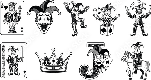 Vector collection of black and white joker illustrations featuring playing cards jester heads crown symbols juggling characters and jesters on horseback on white background
