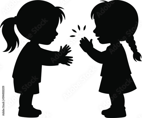 Two little girls silhouettes clapping hands together, playful childhood hand clap game and friendship concept, happy kids interaction cartoon vector illustration isolated