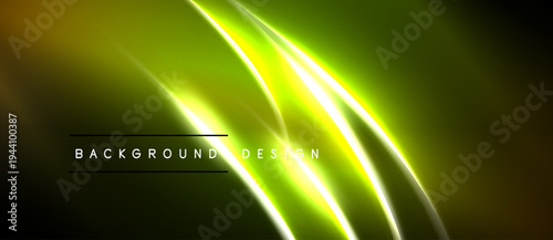Abstract neon lines create vibrant yellow, green glow. Dark background emphasizes dynamic energy, modern design elements.