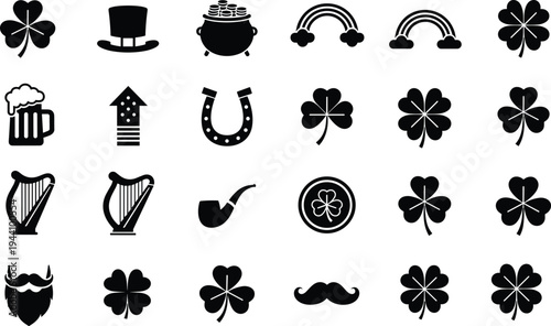 St. Patrick's Day Black Silhouette Icon Set Featuring Shamrocks Four Leaf Clovers Pot of Gold Rainbows Horseshoes Harps Beer Mugs Leprechaun Hats and Celtic Symbols