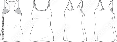 Women's White Racerback Tank Top Technical Vector Sketch Template with Front Back and Side Views for Fashion Design Mockup and Apparel Product Development