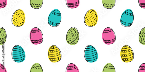 Bright seamless pattern with Easter painted eggs on a white background for textile, fabric, wrapping paper