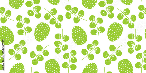 Seamless pattern with Easter green eggs in white polka dots and round leaves on a white background for textile, fabric, wrapping paper