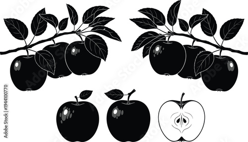 Black apple silhouette set featuring fruit branches with leaves, whole apples, and sliced half section for organic food design and gardening icons