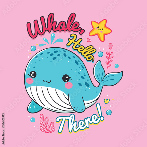 Cute Hand drawn Blue Whale with Starfish Cartoon Illustration on Pink Background