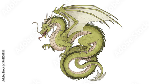 Mythical dragon with graceful wings and ornate scales in mid-air flight Vector