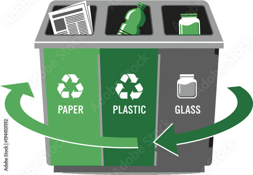 Waste segregation and recycling concept with three colorful bins for paper, plastic, and glass, flat vector illustration for environmental sustainability and waste management.