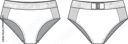 High waisted bikini bottom technical sketch, women swimwear briefs fashion flat, apparel template, underwear cad drawing flat vector illustration, mockup.