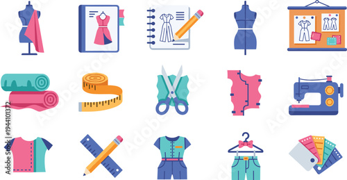 Fashion Design and Tailoring Icons Vector Set Featuring Sewing Machine, Fabric Rolls, Scissors, Measuring Tape, Dress Pattern and Clothing Design Tools.