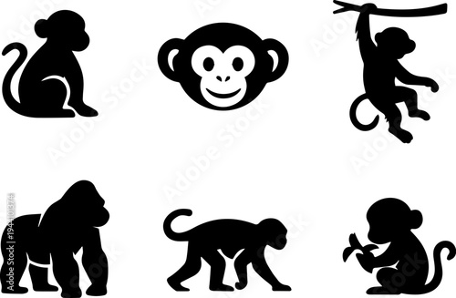 Monkey primate animal wildlife line icons. Vector