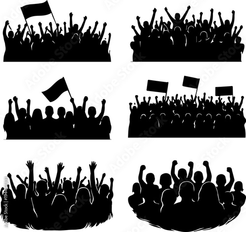 Crowd protest demonstration people silhouette icons. Vector
