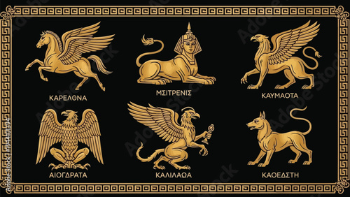 Vibrant ancient artwork featuring mythical griffin creatures in intricate designs Vector