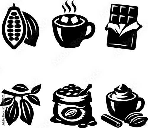 Cocoa chocolate dessert drink silhouette icons. Vector
