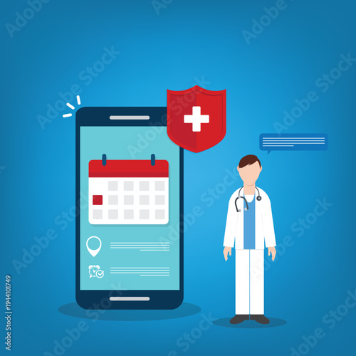 Telemedicine Doctor Appointment Mobile App Interface with Healthcare Protection Shield, Online Medical Consultation, Hospital Booking Calendar on Smartphone Vector Illustration