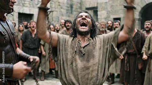 Barabbas released and celebrating with raised arms among crowd in Jerusalem street during passion of Christ depicting biblical injustice freedom and the dramatic reversal of divine justice