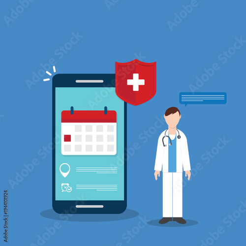 Telemedicine Doctor Appointment Mobile App Interface with Healthcare Protection Shield, Online Medical Consultation, Hospital Booking Calendar on Smartphone Vector Illustration