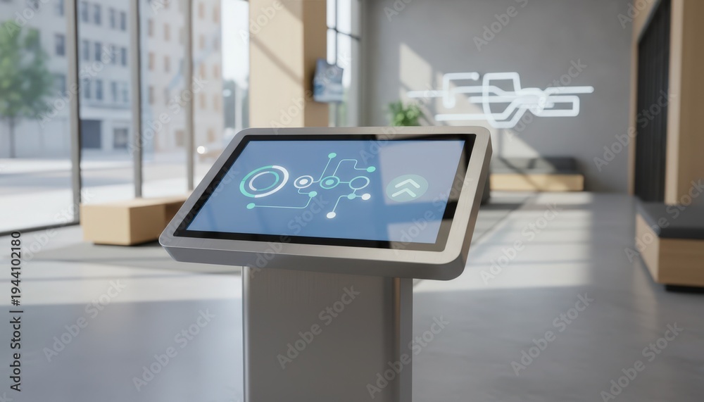Fototapeta premium Medium shot of a touchscreen pedestal credit card application kiosk with the main screen in sharp focus showcasing an easy digital interface in a modern bank branch.