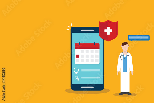 Telemedicine Doctor Appointment Mobile App Interface with Healthcare Protection Shield, Online Medical Consultation, Hospital Booking Calendar on Smartphone Vector Illustration