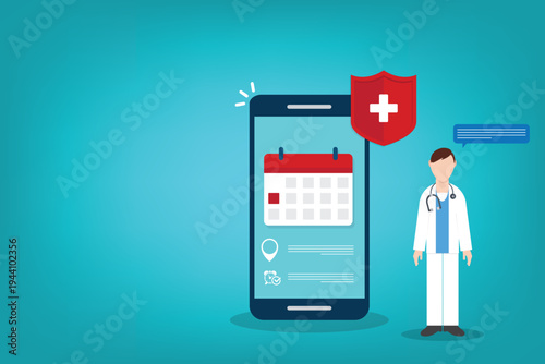 Telemedicine Doctor Appointment Mobile App Interface with Healthcare Protection Shield, Online Medical Consultation, Hospital Booking Calendar on Smartphone Vector Illustration