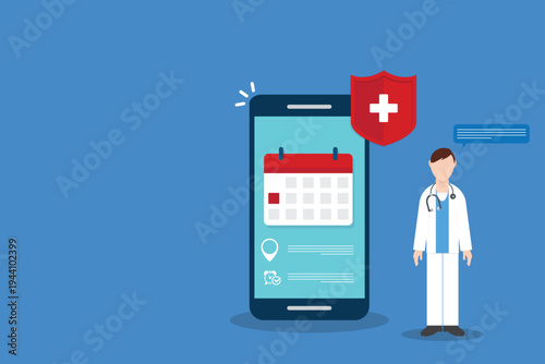Telemedicine Doctor Appointment Mobile App Interface with Healthcare Protection Shield, Online Medical Consultation, Hospital Booking Calendar on Smartphone Vector Illustration