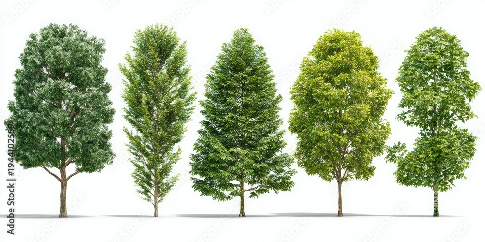 Obraz premium Five diverse trees, isolated on white background, showcasing varying leaf shapes and colors