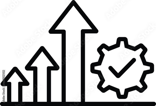 Conceptual graphic showing upward trending arrows next to a cogwheel with a checkmark symbolizing progress and success