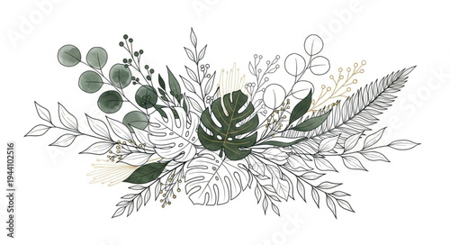 Elegant botanical illustration with delicate leaves and flowers.