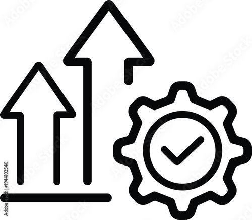 Conceptual representation of business growth and efficiency symbolized by rising arrows and a gear with a checkmark