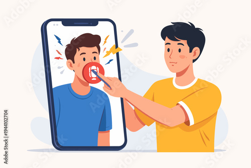 Man Muting a Person on a Smartphone Screen, Concept of Digital Censorship, Silencing Online Harassment, Cyberbullying Prevention, Social Media Privacy Control, Flat Vector Illustration of User.