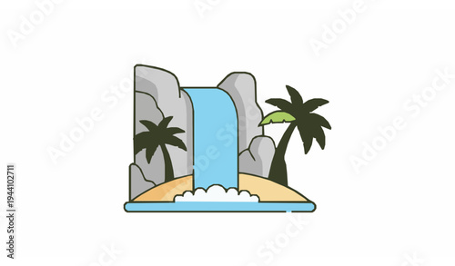 Tropical Waterfall with Palm Trees Flat Vector Nature Icon Illustration