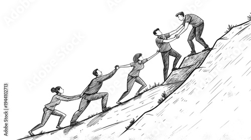 Teamwork and leadership illustration with professionals helping colleague climb steep hill symbolizing cooperation and support