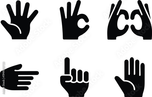 Collection of diverse hand gesture icons representing communication and actions isolated on a white background