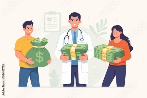 Patients Paying Cash to a Doctor, Flat Vector Illustration of High Healthcare Costs, Expensive Medical Services, People Bringing Money Bags and Stacks of Bills for Treatment and Insurance.