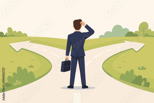 Businessman in a Professional Suit with a Briefcase Standing at a Fork in the Road, Scratching His Head and Deciding Which Path to Take for His Career and Future, Flat Vector Illustration
