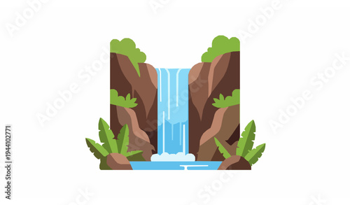 Jungle Waterfall Icon Tropical Nature Cascade Flat Vector Illustration