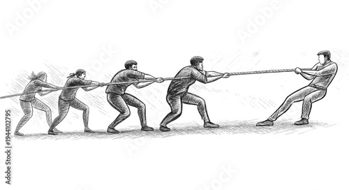 Business competition and teamwork concept with group pulling rope against opponent in tug of war challenge