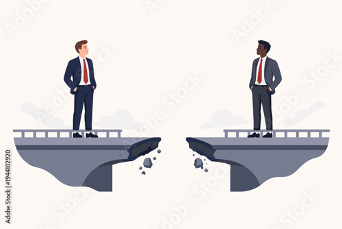Two Businessmen, One Caucasian and One African American, Standing on Opposite Ends of a Broken Bridge Representing Division, Conflict, Communication Gap, Social Issues, and Business Challenges.