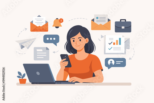 Vibrant flat vector illustration of a professional woman multitasking at her desk with a laptop and smartphone, receiving digital communications like emails, messages, notifications, and documents